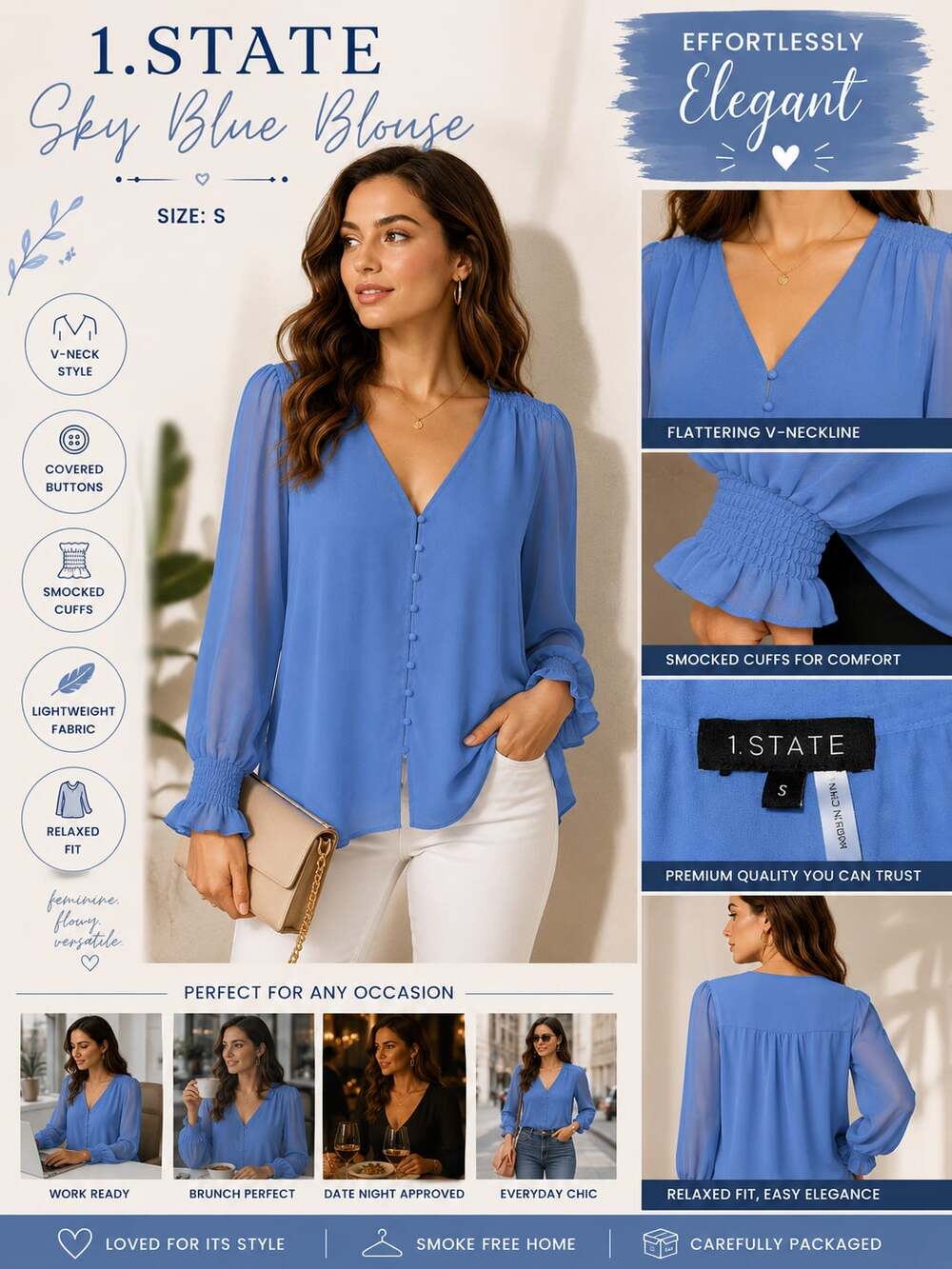 1.STATE Smocked Cuff V-Neck Covered Button Chiffon Blouse